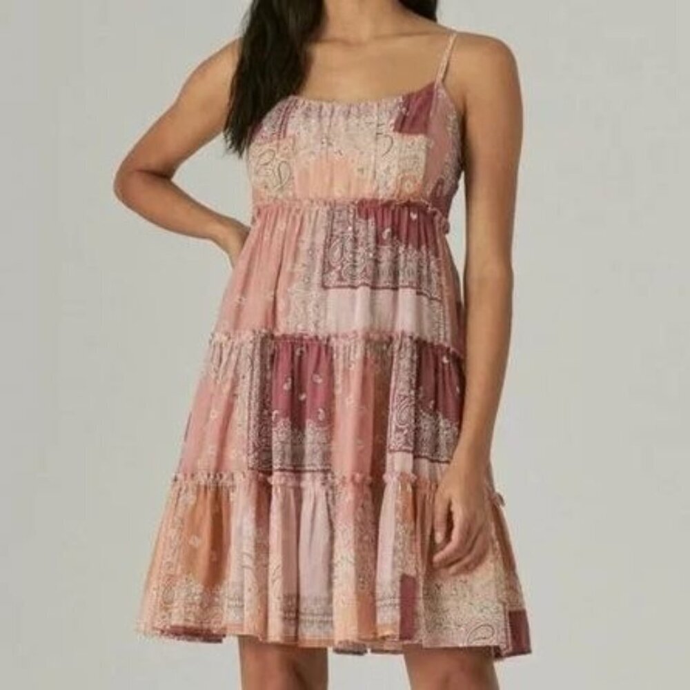 Lucky Brand Cotton Patchwork Bandana Print Babydoll Tiered Mini Dress Medium